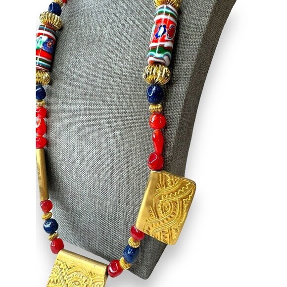 Vintage Tribal-Inspired Red, Blue & Gold Statement Necklace 27" Unsigned - Picture 3 of 13